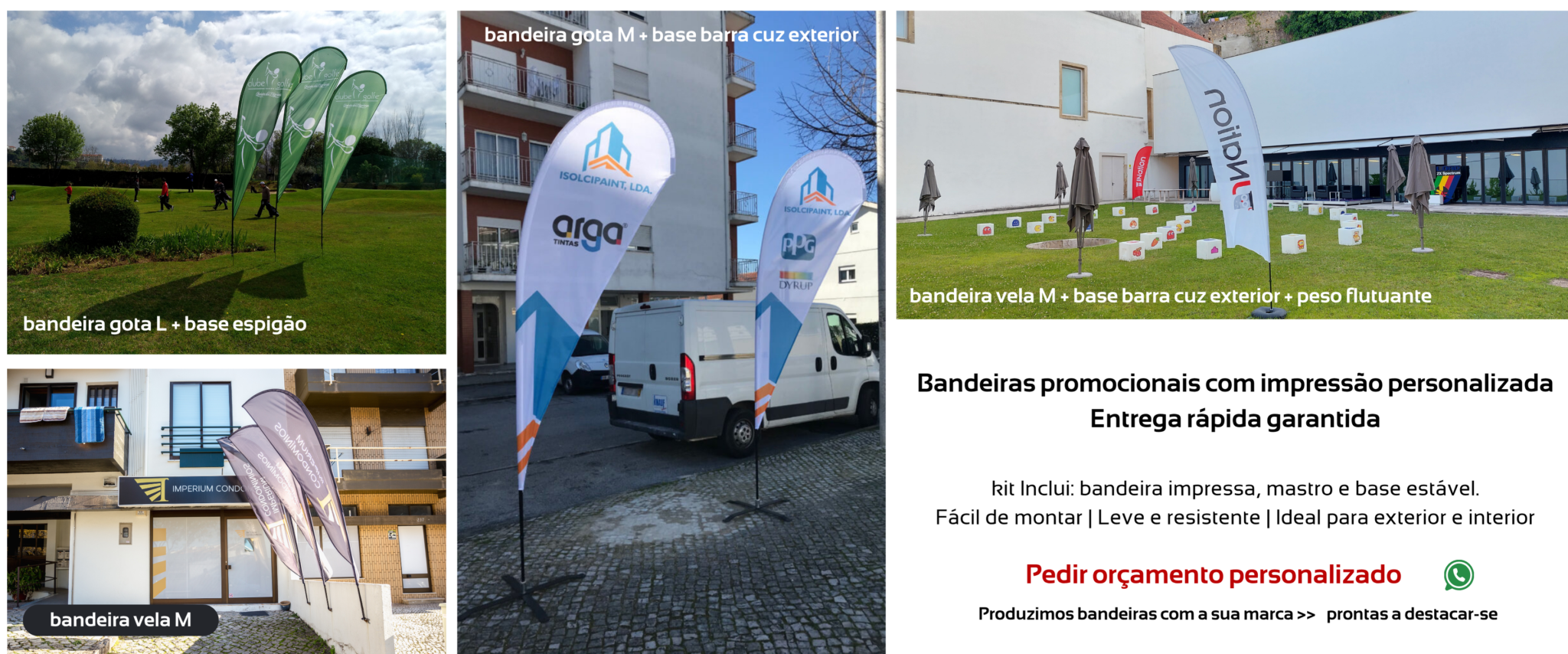 Bandeiras publicitárias personalizadas para exterior com mastro e base – modelos gota e vela em ação