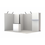 Estrutura modular de stand de 12m² com balcão frontal e paredes laterais.