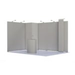 Stand para feiras e eventos 12m2 com sistema Modulate, reservado integrado, iluminação LED e balcão Insta LED iluminado na parte frontal.