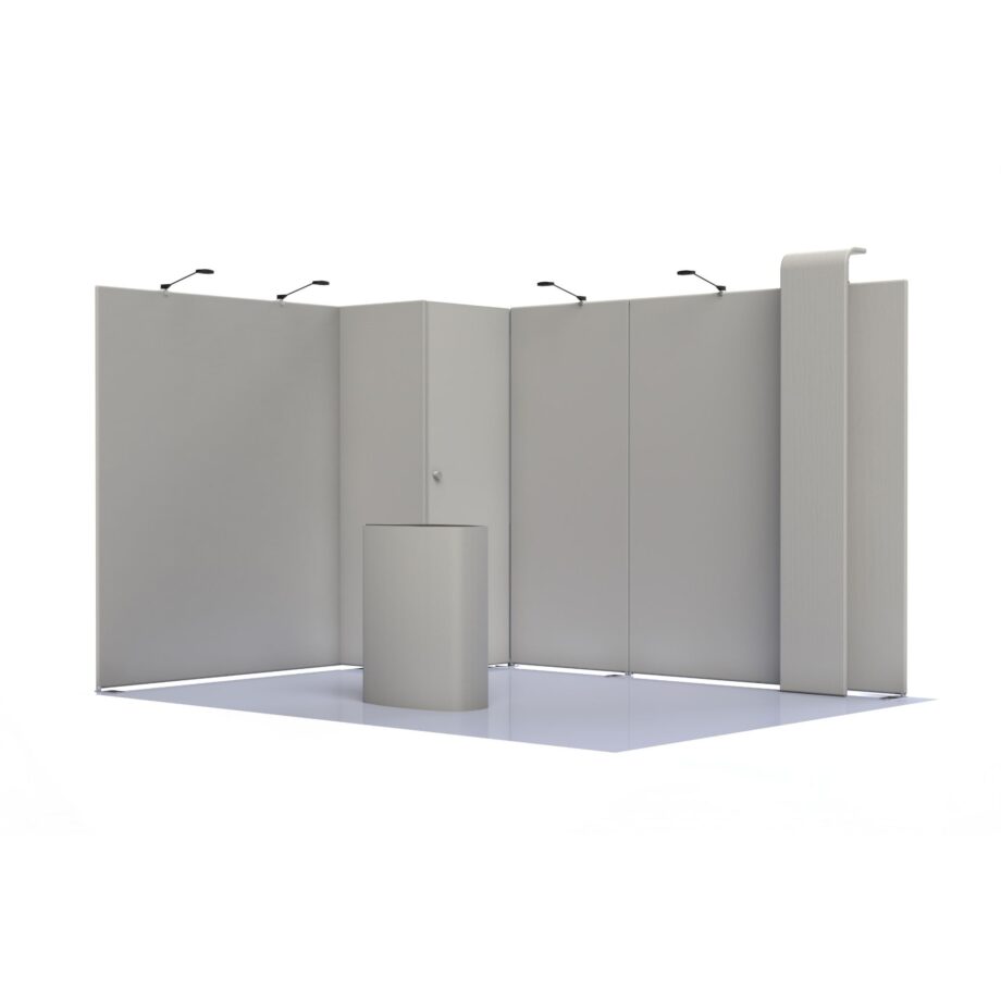 Stand para feiras e eventos 12m2 com sistema Modulate, reservado integrado, iluminação LED e balcão Insta LED iluminado na parte frontal.