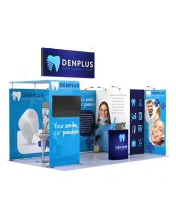 Stand modular para feiras 15m² com reservado, LED e gráfica personalizada
