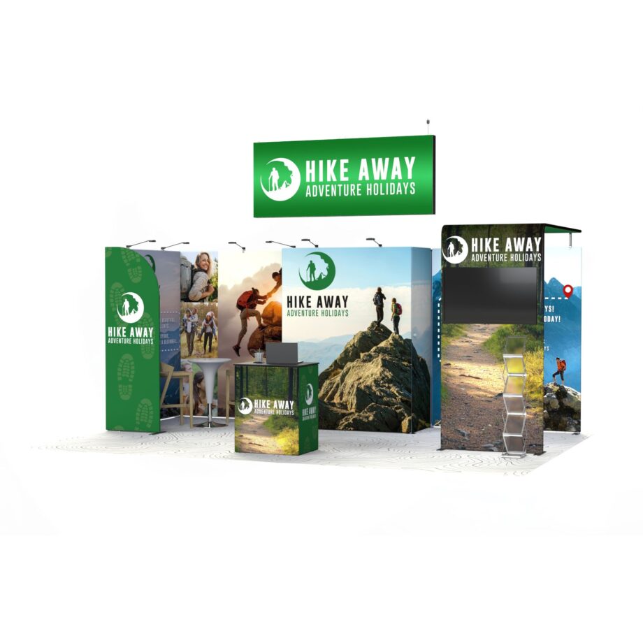 Stand modular para feiras 24m² com reservado, LED e estrutura personalizada