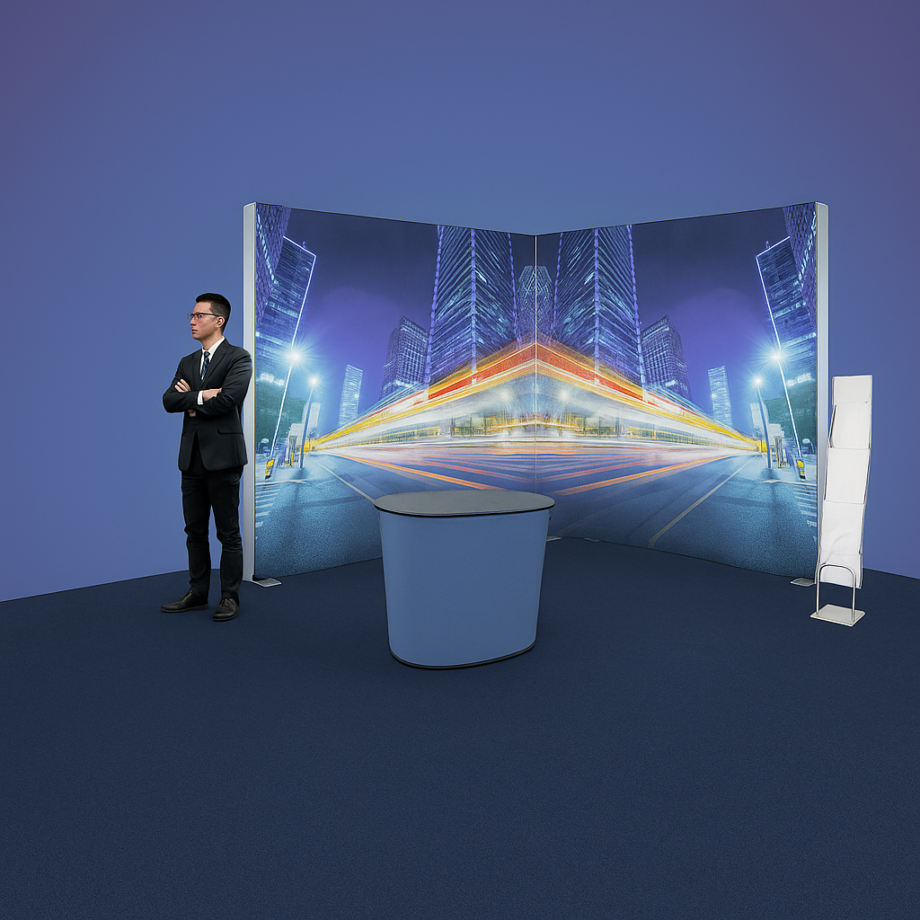 Estrutura modular em L com impressão personalizada e exposição LED