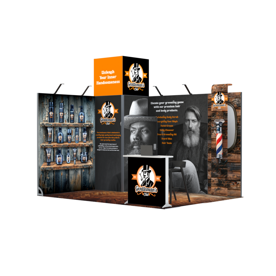 Stand modular para feiras 12m² com reservado, gráfica e iluminação